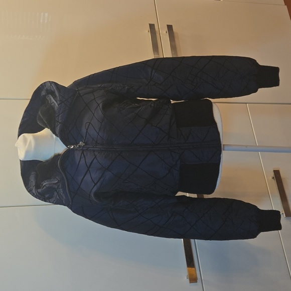 VTG Y2K Baby Phat Quilted Faux Fur Hoodie Bomber Jacket Blue Black Sz Large - Picture 5 of 16